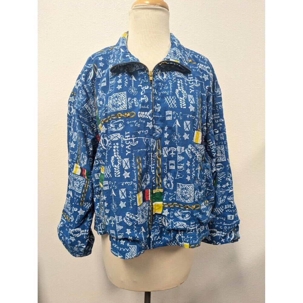 Vintage Lizsport 90s Y2k Blue Nautical Coastal Print Bomber Jacket sz M Retro - Picture 8 of 13